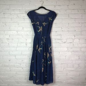 Blue bird print summer midi dress